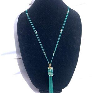 Green Chainlink Necklace With Boho Jewel Tassel Pendant Extra Long Gold Accents